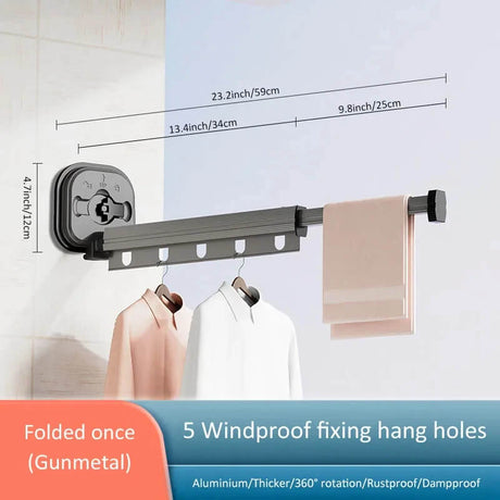 Hopfällbar Väggmonterat Torkställ – Platsbesparande Klädställning, Utdragbart Torkställ utan Hål med Sugkopp, Enkel Montering & Förvaring